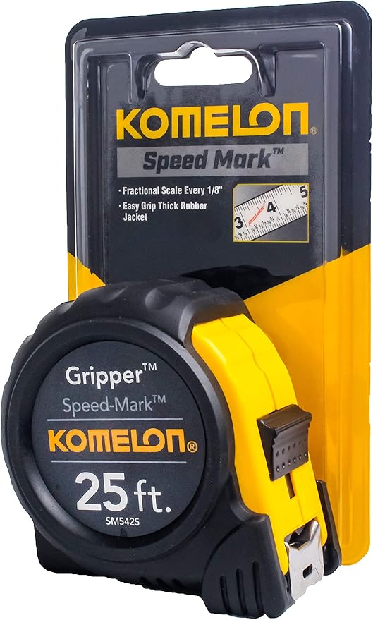Komelon SM5425 Speed Mark Gripper Acrylic Coated Steel Blade Measuring Tape, 1-Inch X 25Ft , White