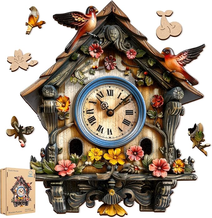Pikoqunc Wooden Jigsaw Puzzles, Clock House Wooden Puzzles for Adults 500 Pieces with Birds, Unique Vintage Wood Puzzle for Home Décor, Perfect Holiday, 15.2’’ x 17.7’’ Family Game