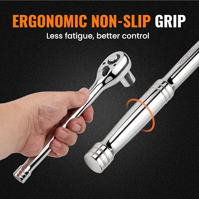 1/2“ Drive 90-Tooth Ratchet Wrench with Extension Bar | Socket Wrench, Reversible Design, Quick-Release, Cr-Mo Head, Cr-V Made, 4° Swing Arc, Full Polished