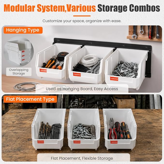 12pc Wall-Mounted Storage Organizer Set with Metal Rails White | Heavy duty tool organization box with metal rails. Ext 7"x5"x4" for garage screws nuts bolts.