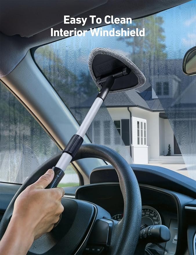 AstroAI 21" Windshield Cleaner Tool, Car Interior Detailing Cleaning Kit with Extendable Handle and 4 Upgraded High-Density Reusable Microfiber Pads, Auto Glass Wiper Brush Kit for Cars, Gray