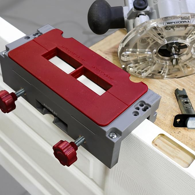 Milescraft 1229 HingeJigPLUS – Dual Clamping Door Hinge Jig Door Hinge Mortiser. Complete Hinge Installation Kit Rout Mortises from 2.5” to 4.5”. Strike and Latch Plates Included for Standard Doors