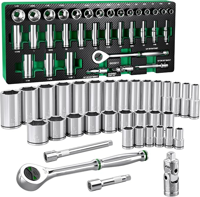 SK 1/2" Drive Socket Set with 160-P Ratchet, 34-Piece SAE Sockets | SuperKrome Finish, Premium CR-V Steel, Heat Treated, with EVA Foam Tool Organizer