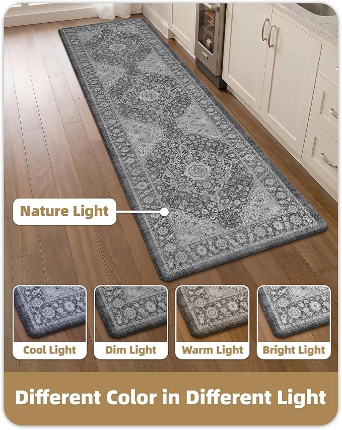 Color&Geometry Anti Fatigue Kitchen Mats for Floor 24x87, Vintage Decor, Easy Clean, Waterproof & Oil Proof, 0.4" Thick Cushioned, Non-Slip Kitchen Runner Rug for Sink, Laundry, Office, Grey