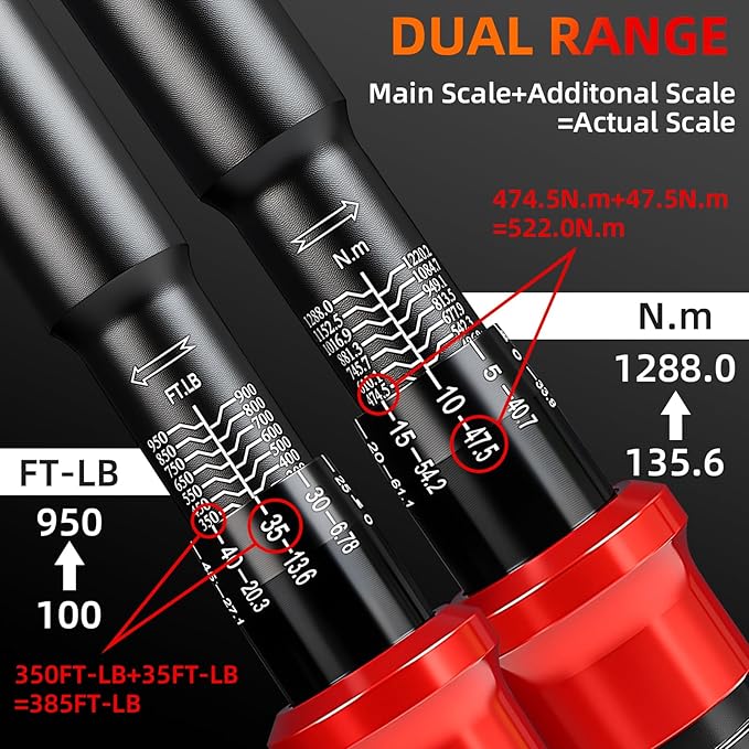 3/4-Inch Drive Torque Wrench 100-950ft.lb/135.58-1288.03Nm, ±3% Precision Dual Direction Torque Wrenches with 48-Tooth Dual Range Scales with Ft.Lbs and N.m