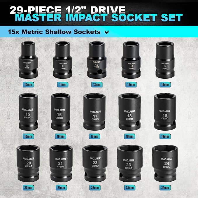 1/2 29PC Socket Set Shallow, CR-MO,SAE/Metric 3/8"-1",10-24mm | short impact socket set 1/2 drive with Extension Bars Standard Shallow Socket Set High Torque Truck Bearing Locknut