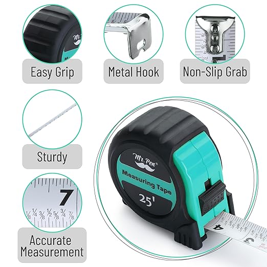 Mr. Pen- Retractable Tape Measure 25 ft, Turquoise Blue, Easy Read, Steel Retractable Measuring Tape with Fractions, Ideal for Construction & DIY Projects