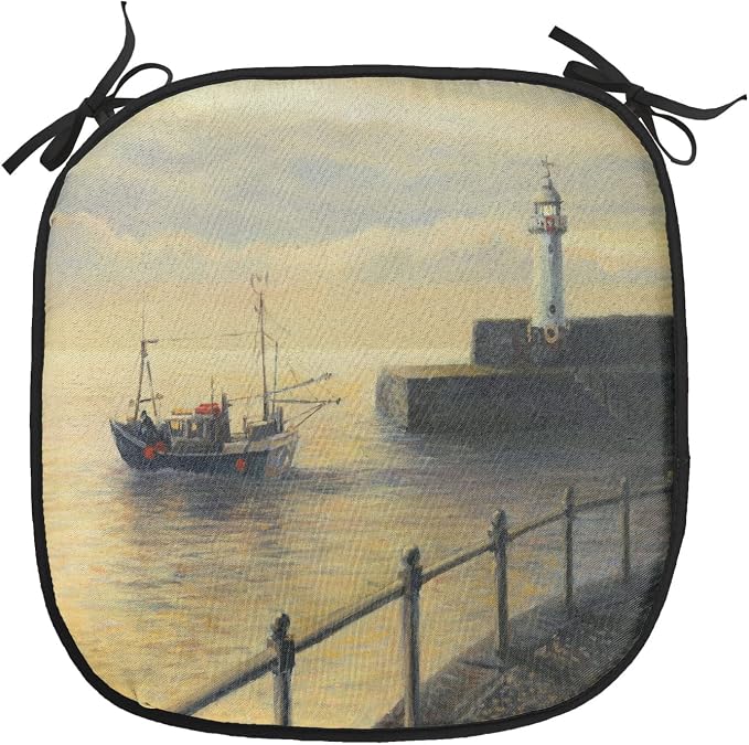 Lunarable Lighthouse Chair Cushion Pads Set of 6, Fishing Boat Leaving The Port in Mevagissey at Early Morning Sunrise View Landscape, Anti-Slip Seat Padding for Kitchen & Patio, 16"x16", Cream