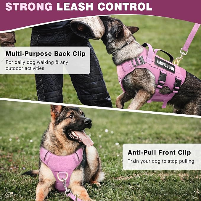 Tactical Dog Harness with Dog Leash, Service Working MOLLE Vest with 10 Pet Patches for Dog, No Pull Military Harness and Backpack for Training Hunting Walking