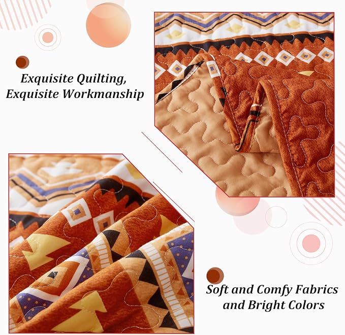 WONGS BEDDING 3 Pieces Quilt Set King Size, Burnt Orange/Rust Thanksgiving Quilt Bedspread Fall Bohemian Coverlet Set with 2 Pillowcase, Soft Thanksgiving Bedding Set for All Season 104"×90"