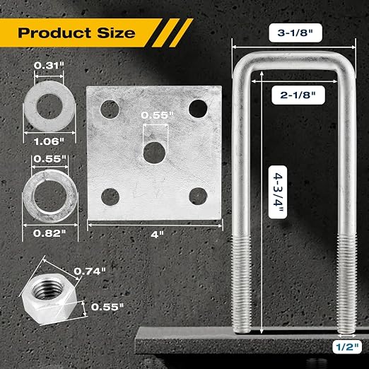 Hot-dip Galvanized Zinc Square U Bolt Kit for Boat Trailer Axle Leaf Springs, for 2x2 Axle - 4 3/4" Long,2 inch Wide Square U-Bolts with Nuts and Frame Plate for Trailer Automobiles Trailer.