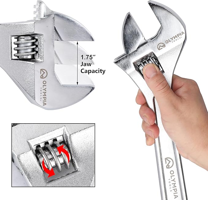 Olympia Tools 15" Adjustable Wrench, Heavy Duty Drop Forged Steel, Chrome Plated, Precision Machined Jaws, Rust Resistant