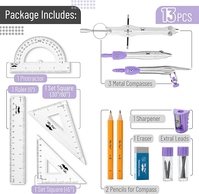 Mr. Pen- Geometry Set, 13 pcs, 3 Metal Compasses, Protractor, 6" Ruler, 45° & 30°/60° Set Squares, Pencils, Lead Refills, Sharpener & Eraser for Math, Drafting & Classroom Use