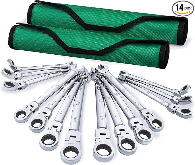 SK Flex Head Ratcheting Wrench Set, SAE 3/8"-3/4", Metric 10-19mm, 14-Piece | Ratchet Wrenches Set 72-Tooth, Combination Wrench Set, Chamfered Head Design, Premium CR-V Steel, Roll-Up Pouch