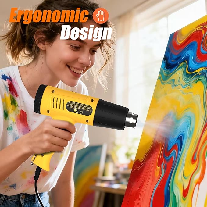 Includes four-piece heat gun set and hard-sided carrying case/accessory kit, yellow. (JF2000AA)
