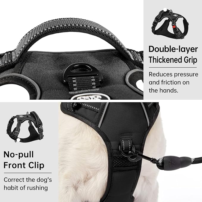 IVY&LANE No Pull Dog Harness for Large Dogs, Dog Vest Harness with Leash, Safety Belt and Storage Strap, Fully Adjustable Harness, 360° Reflective Strip, Soft Handle (Black, XL)