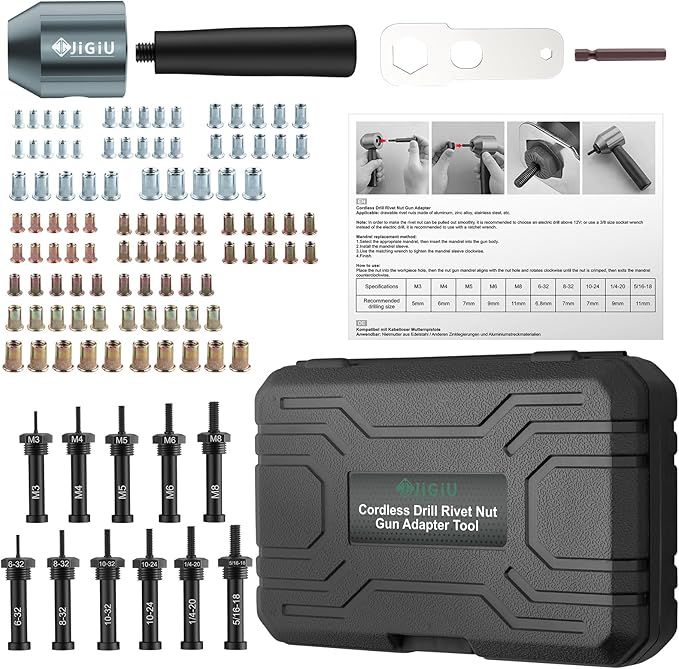 JiGiU Cordless Rivet Nut Drill Adapter Kit Electric Rivet Gun Adapter with 11 Mandrels & 100PCS Nuts Easy to Install Electric Nut Gun Adapter for Mechanical Automobile Maintenance with Carrying Case