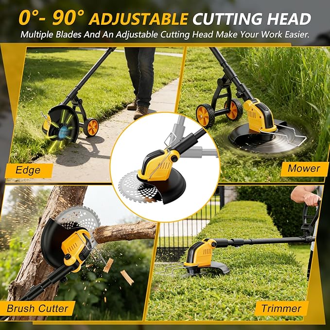 Electric Weed Wacker Cordless, Electric String Trimmer with 3 Types Blades & Removable Auxiliary Wheels, Brush Cutter & Grass Trimmer & Lawn Edger with for Garden Yard (YellowA)