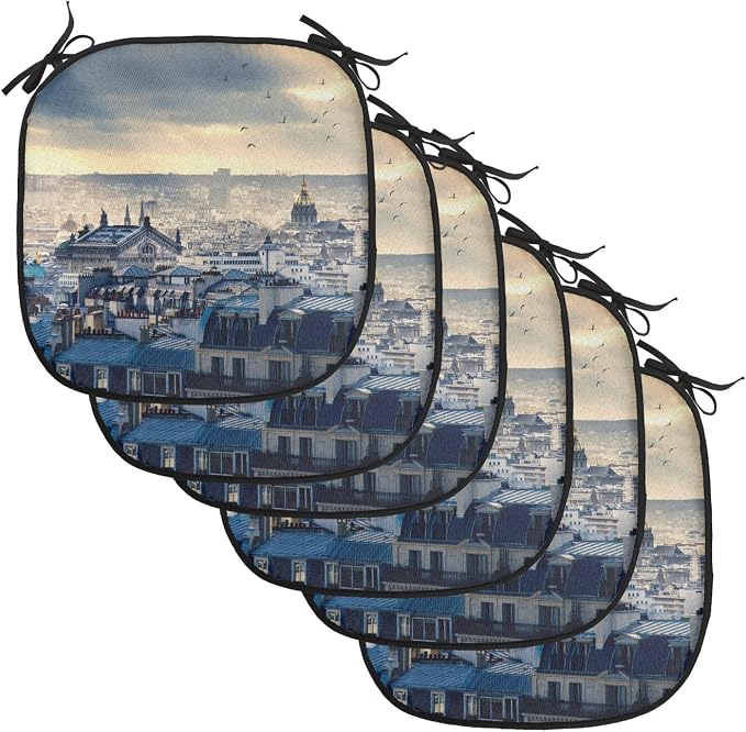 Lunarable Paris Chair Cushion Pads Set of 6, Paris Cityscape from Montmartre Rooftops Flying Bird Pigeons Foggy Sunrise, Anti-Slip Seat Padding for Kitchen & Patio, 16"x16", Dark Blue Yellow