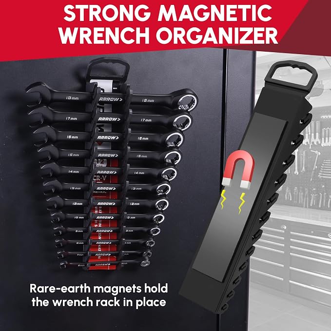 ARROW 12PCS Metric Ratcheting Wrench Set with Black Magnetic Tool Holder | Anti-Slip 6-18mm Combination Ratchet Wrench Set, Premium CRV Material, 72-Teeth, Corrosion-Resistant, Easy to Carry & Store