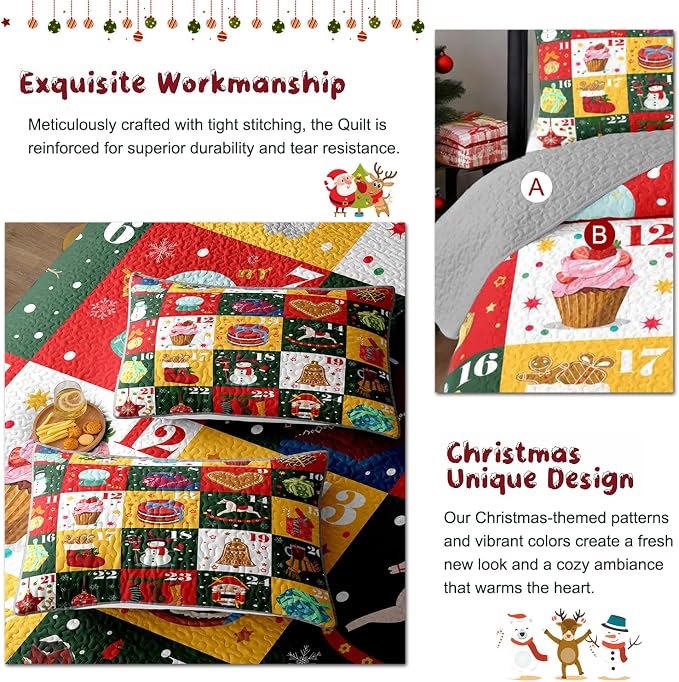 Merry Christmas Patchwork Quilt Set King - Santa Claus Snowman Socks Calendar Checkered Holiday Bedding Set - Soft Microfiber Lightweight Comforter Coverlet Bedspread(Calendar, King(90"x104"))
