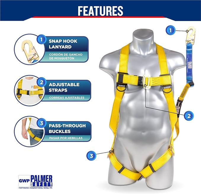 Safety Harness w/Detachable 6 ft Lanyard I Single Leg Lanyard w/Internal Shock Absorbing & Snap Hook