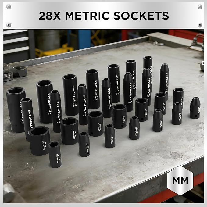 SWANLAKE 1/4" Drive Impact Socket Set, 56-Piece Standard SAE (5/32 to 9/16 inch) and Metric (4-15mm) Size, 6 Point, Cr-V, 1/4-Inch Drive Ratchet Handle, Drive Extension Bar, Impact Universal Joint
