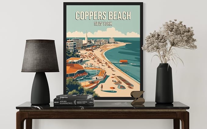 Coppers Beach New York Wall Art Print Poster, US Vintage Retro Beach Scenery Posters Prints for Restroom Home Picture Painting Artwork Gallery 219 (Coppers Beach New York, 16 x 20 inches, Black Frame)