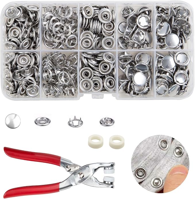 100 Sets Metal Snaps Buttons with Fastener Pliers Press Tool Kit Perfect for DIY Crafts Clothes Hats and Sewing (Silver Solid Prong Snaps)