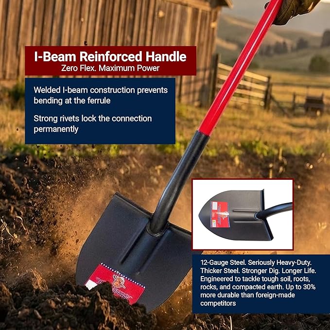 Bully Tools Round Point Heavy Duty Shovel - 12-Gauge Fiberglass Long Handle, Strong Metal Construction, Ideal for Gardening, Digging and Landscaping, Square and Flat Head Design - 100% Made in the USA