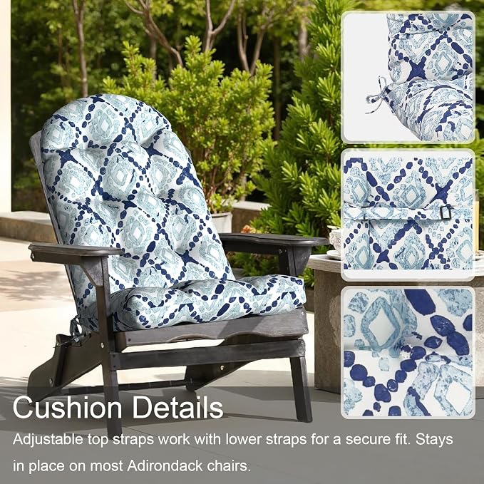LVTXIII Outdoor Adirondack Chair Cushions, 44x19x4 Inch Non-Slip High Back Rocking Chair Cushion, Tufted Seat Cushion for Patio Furniture, Set of 2, Boho Geometry Blue
