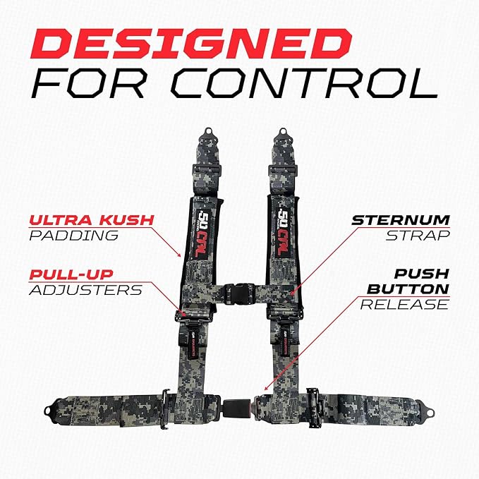 1pc 50 Cal Camo 4 Point Harness 2in Straps, Racing Harness Seat Belt | Ultra Kush padding, Push Button quick release hardware. Universal Fit for UTV, RZR, race car.