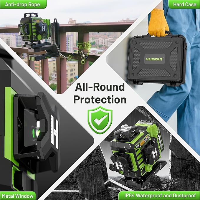 Huepar W04CG 4D Laser Level with Receiver for Outdoor or Longer Distance Use, Up to 400 ft, 4x360° Self Leveling Green Lazer Leveler Tool for Construction, Tiling, Framing, Drop Ceiling, Floor etc.