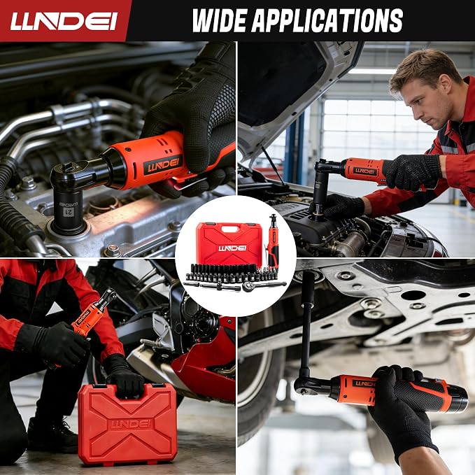 LLNDEI 3/8" Cordless Electric Ratchet Wrench Set 52Pcs | 40FT-LBS Torque, Variable Speed, LED Light, Includes Sockets & Adapters, Ideal for Automotive Repair, DIY Garage