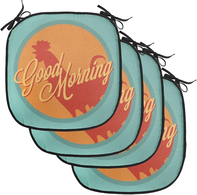 Lunarable Gallus Chair Cushion Pads Set of 4, Rooster and Sun Morning Vintage Agriculture Sunrise Farm Landscape, Anti-Slip Seat Padding for Kitchen & Patio, 16"x16", Turquoise Orange Ruby