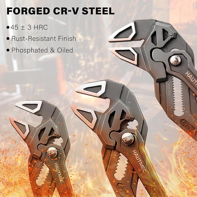 HAUTMEC 3PCS Adjustable Pliers Wrench Sets (7 10 12"), Smooth Jaw Parallel Pliers, Heat-Treated CR-V Steel & Phosphated Rust-Resistant, SAE/Metric Scale, Storage Belt Pouch for Professional & DIY