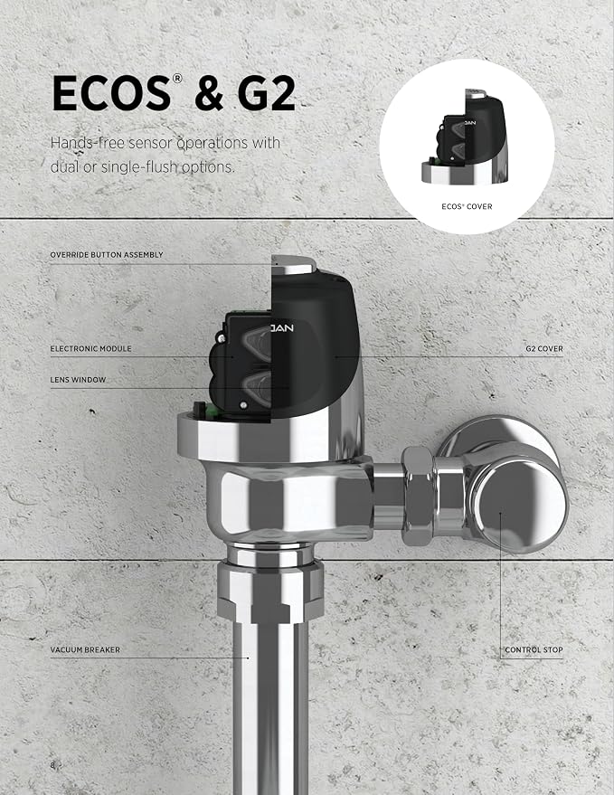 Sloan G2 Optima Plus 8110 Exposed Sensor Water Closet Flushometer, 3.5 GPF Flush Valve - Single Flush, Fixture Connection Top Spud, Battery Powered Infrared Sensor, Polished Chrome Finish, 3250404