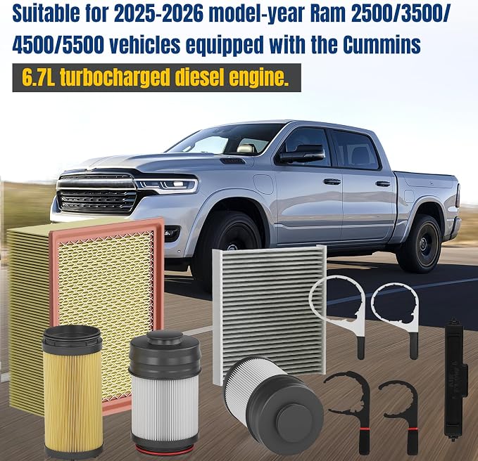 2025-2026 6.7 Cummins Filter Kit with 4.6'', 5'', 6'', 8'' Filter Wrench | Fits 2025+ Ram 2500/3500/4500/5500 Turbo Diesel, Replaces 68677800AA, 68677810AA, 68645327AA, 68548579AA