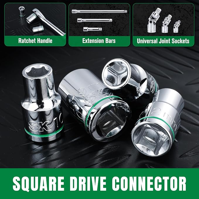 SK 1/2" Drive Socket Set, Metric Sockets, 11-Piece 10-20mm | SuperKrome Finish, Premium CR-V Steel, with Aluminum Socket Organizer
