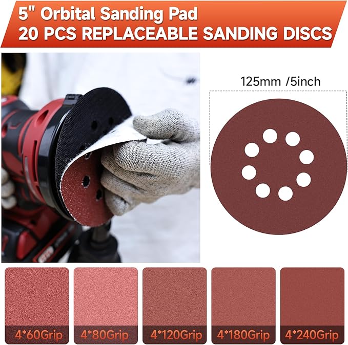 5-Inch Random Orbital Sander, Cordless Sanding Machine Compatible with Milwaukee 20V Battery(NO Battery), Brushless Electric Sander with Dust Collector (Dark Red)