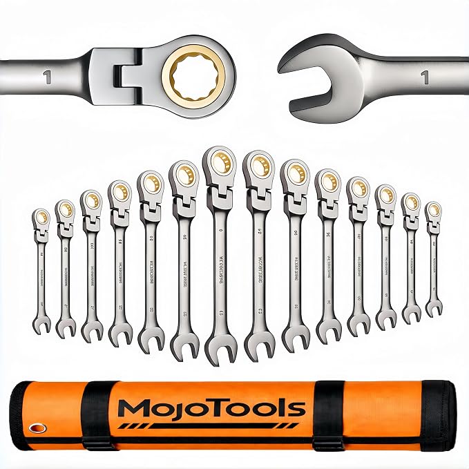 15-Piece SAE Ratcheting Wrench Set (1/4″–1″), 72-Tooth Flex-Head Combination Wrenches, Heavy-Duty Cr-V Mechanic Tool Kit with Organizer Roll Bag