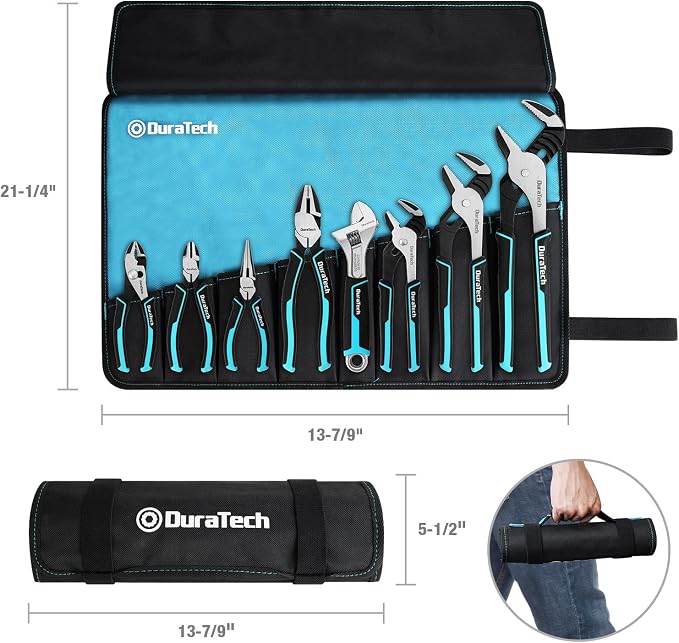 DURATECH 8-Piece Pliers Set with Rolling Pouch, Cr-V/Cr-Ni Construction | 3 Groove Joint Pliers (12", 10", 8"); 8" Adjustable Wrench; Linesman, Long Nose & Slip Joint Pliers; 6" Diagonal Pliers