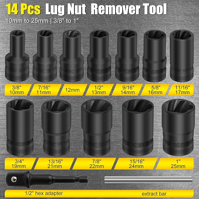 Topec 14PCS Lug Nut Removal Tool, 1/2" Drive Lug Nut Extractor Set, 10-25mm Stripped Lug Nut Remover Socket, Wheel Lock Removal Kit for Damaged, Rusted, Rounded Bolts, Tire Lug Nuts