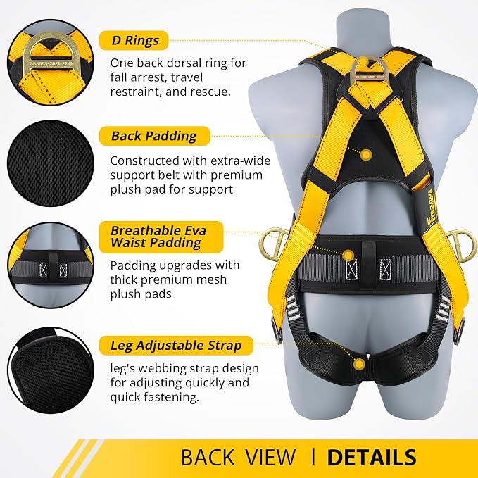 TRSMIMA Safety Harness Fall Protection - Harness Kit for Men Construction | Fall Arrest Roofing Harness Kit Men Full Body Harness with Lanyard for Work Upgrade 4 Quick Buckles Orange
