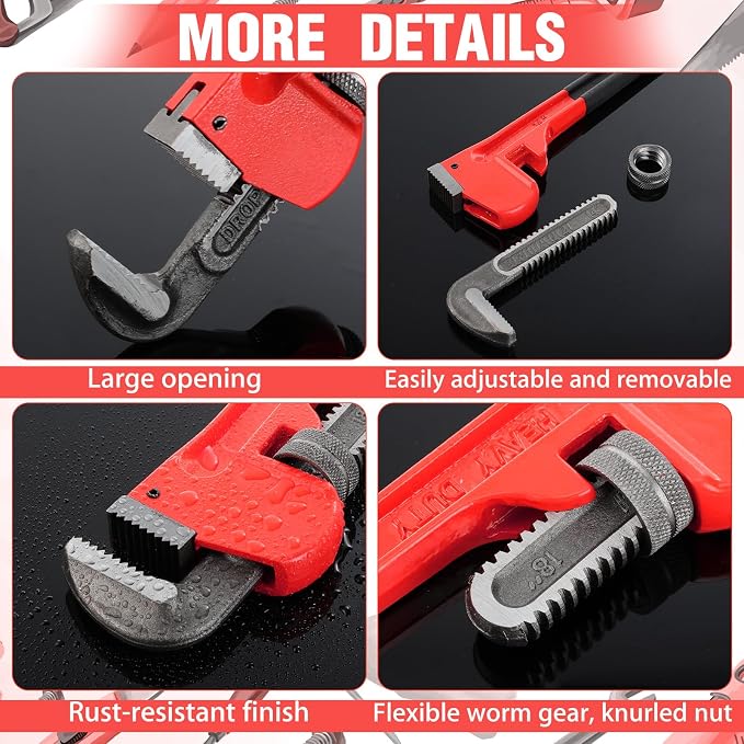 6 Piece Heavy Duty Pipe Wrench Set - 8", 10", 12", 14", 18", 24", Adjustable Chrome Vanadium Steel Plumbing Wrench Set with Soft Handle & Gloves for Plumbers, Pipeline, Auto Repair(Red)