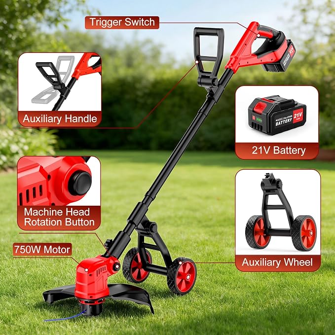 6000mAh Cordless Electric Weed Wacker, 12" Brushless Cordless String Trimmer, 4 in 1 Weed Eater/Brush Cutter/Weed Trimmer with 2*Batteries Powered & Auxiliary Wheels, Grass Trimmer (Red A)