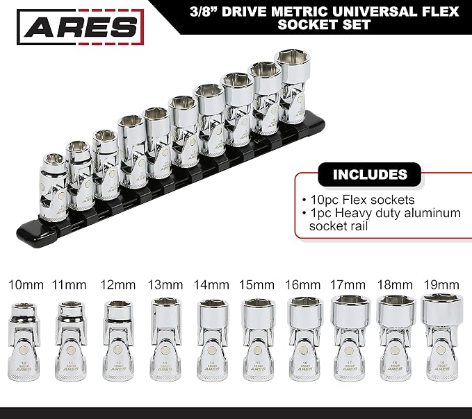ARES 39015 10-Piece 3/8-Inch Drive Metric Universal Flex Socket Set | 6-Point Sockets from 10mm to 19mm; Universal Joint Flex Design For 360 Degree Access