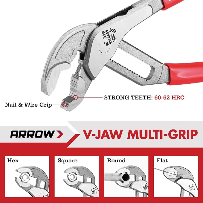 ARROW 12-Inch Water Pump Pliers, Quick Adjust Groove Joint Pliers with 18 Positions, V-Jaw Tongue and Groove Plier with Dipped handle, Heat-Treated CR-V Steel for Plumbing, Auto & Home Repair
