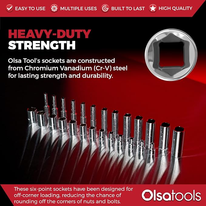 Olsa Tools 1/4-Inch Drive SAE Deep Socket Set - 14pc | 6-Point Chrome Vanadium Sockets, 4mm–15mm, No Skipped Sizes - Professional-Grade SAE Socket Sets - Part: 1327
