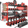 Large Power Tool Organizer Wall Mount with Charging Station, 4 Layer Heavy Duty Metal Cordless Tool Organizer, Tool Storage Rack with 8 Cordless Drill Holder Screwdriver Hammer(Red)